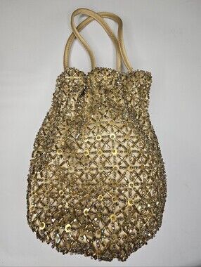 Ann Taylor Vintage Gold Beaded Sequin Bucket Bag Drawstring Evening Pouch
